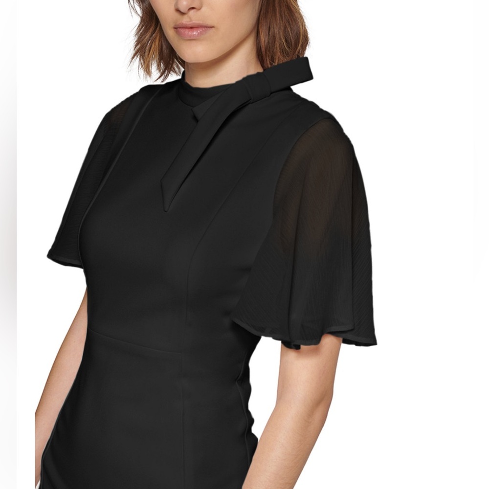 CALVIN KLEIN TIE NECK CHIFFON FLUTTER SLEEVE SHEATH DRESS, BLACK, SIZE 2 - Picture 3 of 12